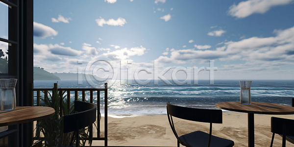 사람없음 JPG 편집이미지 구름(자연) 발코니 섬 의자 카페 카페테라스 컵 탁자 풍경(경치) 하늘 해변 햇빛 휴양지