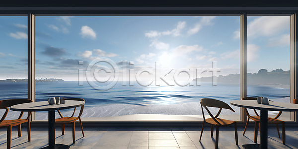 사람없음 JPG 편집이미지 공간 구름(자연) 맑음 발코니 섬 의자 창문 창밖 카페 카페테라스 커피잔 탁자 태양 풍경(경치) 하늘 해변 햇빛