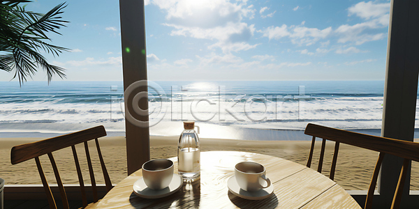 사람없음 JPG 편집이미지 구름(자연) 맑음 물병 발코니 야자수잎 의자 카페 카페테라스 커피잔 탁자 파도 풍경(경치) 하늘 해변 햇빛