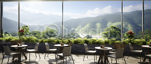사람없음 JPG 편집이미지 공간 산 의자 인테리어 자연 창문 창밖 카페 카페테라스 탁자 풍경(경치) 화분