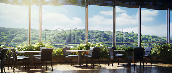 사람없음 JPG 편집이미지 공간 구름(자연) 산 의자 인테리어 창문 창밖 카페 카페테라스 탁자 풍경(경치) 하늘 화분