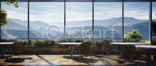 사람없음 JPG 편집이미지 공간 꽃 산 의자 인테리어 창문 창밖 카페 카페테라스 탁자 풍경(경치) 하늘 화분