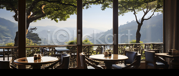 사람없음 JPG 편집이미지 공간 나무 난간 발코니 산 의자 인테리어 창문 창밖 카페 카페테라스 컵 탁자 풍경(경치)