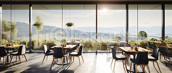 사람없음 JPG 편집이미지 공간 나무 발코니 산 의자 인테리어 창문 창밖 카페 카페테라스 탁자 태양 풀(식물) 풍경(경치) 햇빛 행잉플랜트
