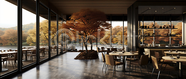 사람없음 JPG 편집이미지 가을(계절) 공간 단풍나무 발코니 선반 의자 인테리어 창문 창밖 카페 카페테라스 탁자 풍경(경치)