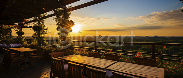 사람없음 JPG 편집이미지 공간 꽃 난간 덩굴 발코니 의자 인테리어 일몰 카페 카페테라스 탁자 태양 풍경(경치) 하늘