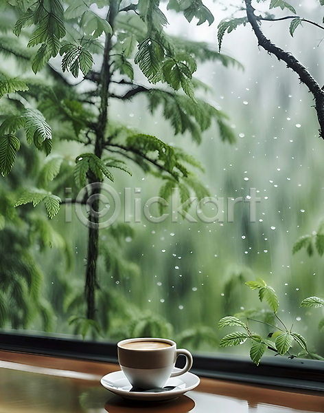사람없음 JPG 편집이미지 나무 나뭇잎 빗방울 인테리어 창문 창밖 초록색 카페 카페테라스 커피잔 풍경(경치)