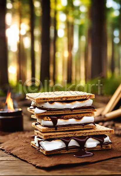 사람없음 JPG 디지털합성 편집이미지 나무 디저트 마시멜로우 숲 숲속 스모어 쌓기 초콜릿 캠핑 쿠키 크래커 편집소스