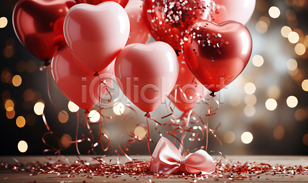 로맨틱 사랑 축하 사람없음 JPG 디지털합성 편집이미지 그래픽 기념일 꽃가루 리본 반짝임 백그라운드 보케 분홍색 파티 파티용품 편집소스 하트풍선