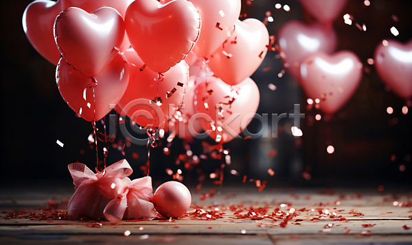 로맨틱 사랑 축하 사람없음 JPG 디지털합성 편집이미지 그래픽 기념일 꽃가루 리본 백그라운드 분홍색 파티 파티용품 편집소스 하트풍선