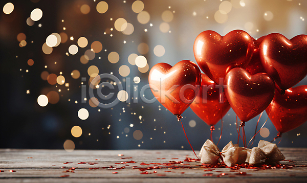 로맨틱 사랑 축하 사람없음 JPG 디지털합성 편집이미지 그래픽 기념일 꽃가루 리본 반짝임 백그라운드 보케 빨간색 파티 파티용품 편집소스 하트풍선