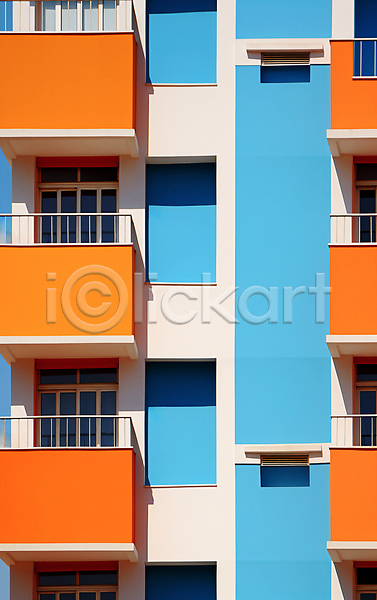 사람없음 JPG 디지털합성 편집이미지 건물 건축물 디자인 백그라운드 주황색 창문 컬러풀 파란색