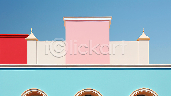 사람없음 JPG 디지털합성 편집이미지 건물 건축물 디자인 백그라운드 분홍색 창문 컬러풀 하늘색