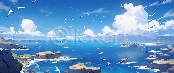 사람없음 JPG 디지털합성 편집이미지 갈매기 구름(자연) 바다 백그라운드 섬 자연 지중해 파란색 편집소스 풍경(경치) 하늘