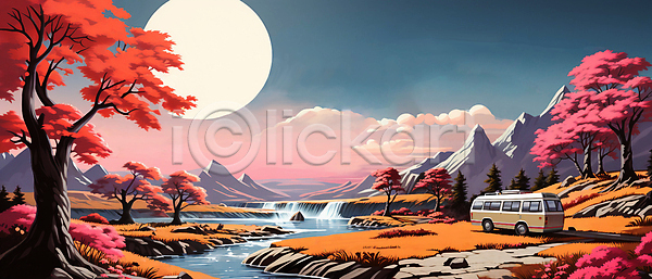 사람없음 JPG 일러스트 가을(계절) 강 구름(자연) 단풍나무 달 백그라운드 산맥 아웃도어 자연 캠핑카 풍경(경치) 하늘