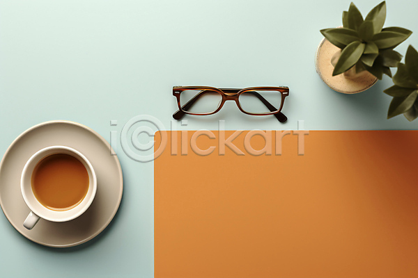 사람없음 JPG 편집이미지 백그라운드 비즈니스 안경 오브젝트 종이 주황색 카피스페이스 커피잔 화분
