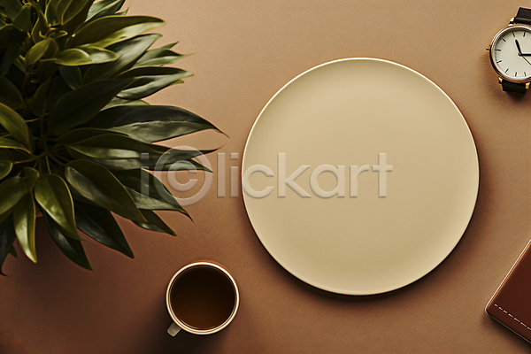 사람없음 JPG 편집이미지 갈색 공책 백그라운드 비즈니스 시계 오브젝트 원형 접시 카피스페이스 커피잔 화분
