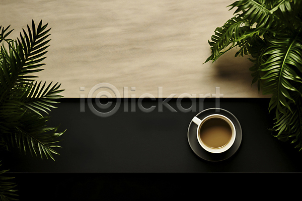 사람없음 JPG 편집이미지 검은색 백그라운드 베이지색 비즈니스 오브젝트 커피잔 탁자 풀잎 화분