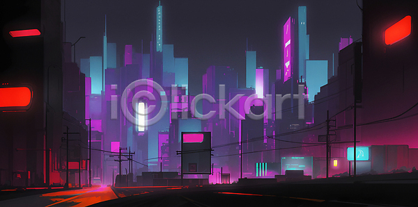 미래 사람없음 JPG 일러스트 네온 도시 미래도시 보라색 빌딩 사이버 사이버펑크 야간