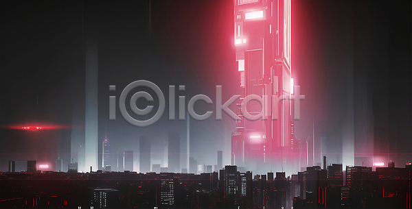 미래 사람없음 JPG 일러스트 검은색 네온 도시 미래도시 빌딩 빛 빨간색 사이버 사이버펑크 야간