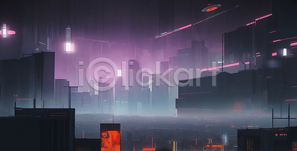 미래 사람없음 JPG 일러스트 네온 도시 미래도시 분홍색 빌딩 빛 사이버 사이버펑크 야간 회색
