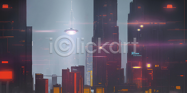 미래 사람없음 JPG 일러스트 UFO 네온 도시 미래도시 빌딩 빛 빨간색 사이버 사이버펑크 야간 회색