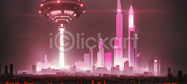 미래 사람없음 JPG 일러스트 UFO 네온 도시 미래도시 분홍색 빌딩 빛 사이버 사이버펑크 야간