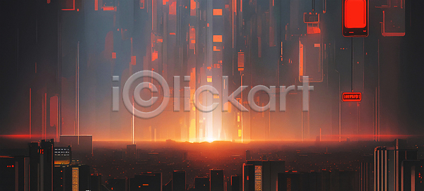 미래 사람없음 JPG 일러스트 네온 도시 미래도시 빌딩 빛 빨간색 사이버 사이버펑크 야간
