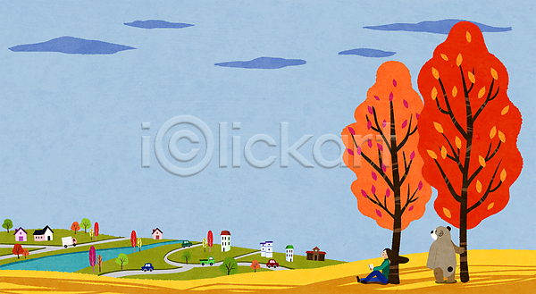 성인 성인여자한명만 여자 한명 PSD 일러스트 가을(계절) 강 곰 나무 단풍 독서 마을 백그라운드 앉기 응시 자동차 전신 주택 풍경(경치)