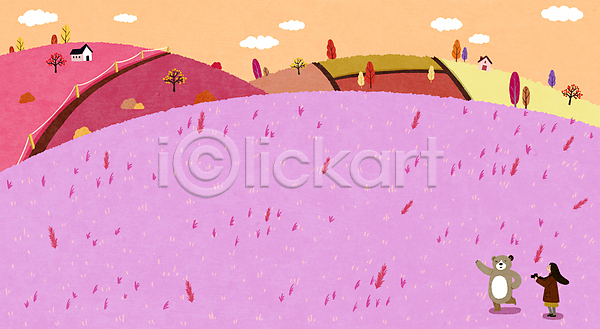 성인 성인여자한명만 여자 한명 PSD 일러스트 가을(계절) 곰 나무 들기 백그라운드 분홍색 사진촬영 언덕 울타리 주택 카메라 포즈 풍경(경치) 핑크뮬리