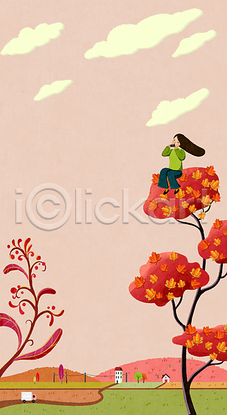 성인 성인여자한명만 여자 한명 PSD 일러스트 가을(계절) 구름(자연) 들기 밭 백그라운드 분홍색 식물 앉기 언덕 연주 전신 풍경(경치) 하늘 하모니카