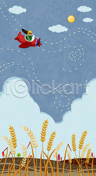 성인 성인여자한명만 여자 한명 PSD 일러스트 가을(계절) 구름(자연) 밭 백그라운드 벼 비행 비행기 상반신 승차 태양 파란색 풍경(경치) 하늘