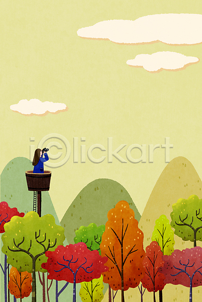 성인 성인여자한명만 여자 한명 PSD 일러스트 가을(계절) 관찰 나무 단풍 들기 망원경 백그라운드 산 상반신 언덕 연두색 전망대 풍경(경치) 하늘