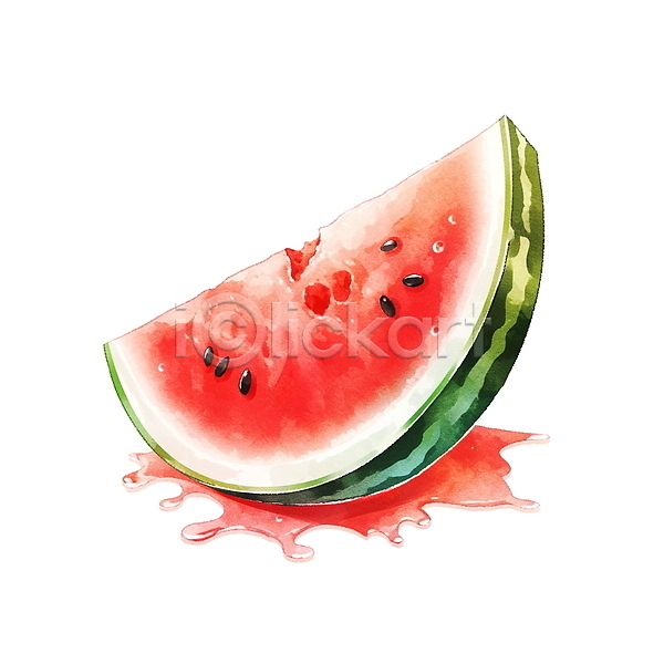 사람없음 JPG 일러스트 과일 과즙 빨간색 수박 수박조각 수채화(물감) 여름(계절) 여름음식 오브젝트