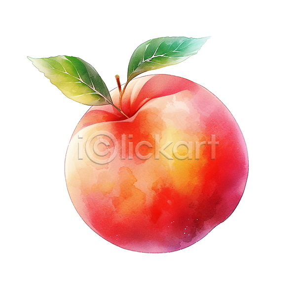 사람없음 JPG 일러스트 과일 나뭇잎 복숭아 빨간색 수채화(물감) 여름(계절) 여름음식 오브젝트