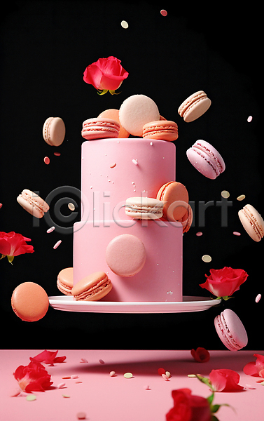 사람없음 JPG 편집이미지 꽃 디저트 떠있는 마카롱 분홍색 장미 컬러풀 케이크