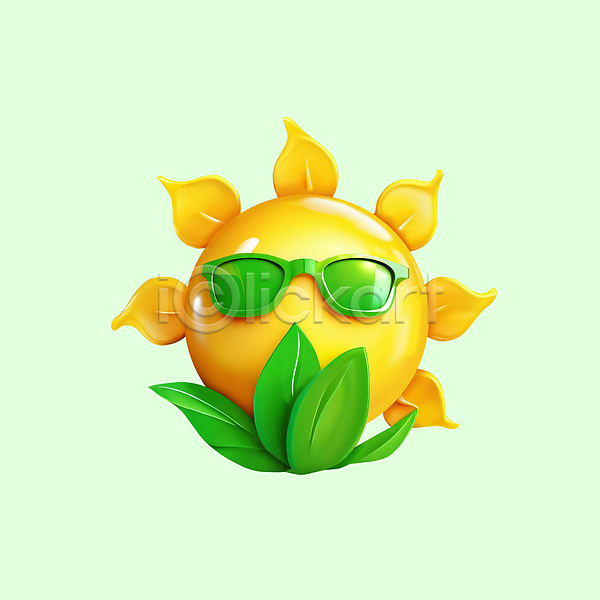 사람없음 3D 3D아이콘 PSD 디지털합성 아이콘 나뭇잎 노란색 선글라스 에너지 에코 자연보호 초록색 친환경 태양 환경