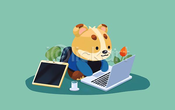 사람없음 JPG 일러스트 곰 교육 꽃 노트북 동물캐릭터 백그라운드 앉기 태블릿 학습