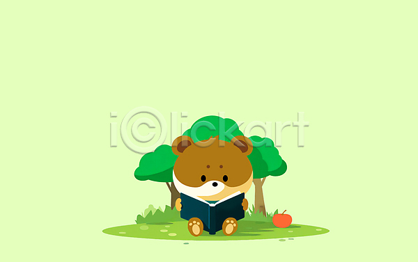 사람없음 JPG 일러스트 교육 나무 독서 동물캐릭터 백그라운드 사과 숲 아기곰 앉기 잡기 책 학습