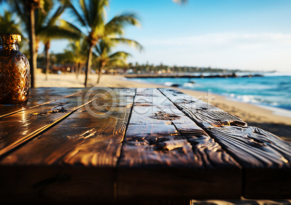 사람없음 JPG 디지털합성 편집이미지 나무탁자 백그라운드 블러효과 야자수 여름(계절) 음료수병 편집소스 풍경(경치) 해변