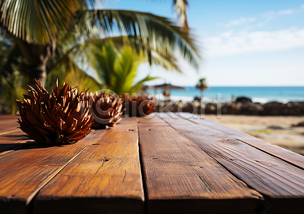 사람없음 JPG 디지털합성 편집이미지 나무탁자 백그라운드 블러효과 야자수 여름(계절) 열대식물 편집소스 풀(식물) 풍경(경치) 해변
