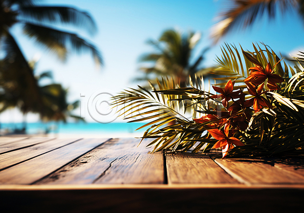 사람없음 JPG 디지털합성 편집이미지 꽃 나무탁자 백그라운드 블러효과 야자수 여름(계절) 열대식물 편집소스 풀(식물) 풍경(경치) 해변