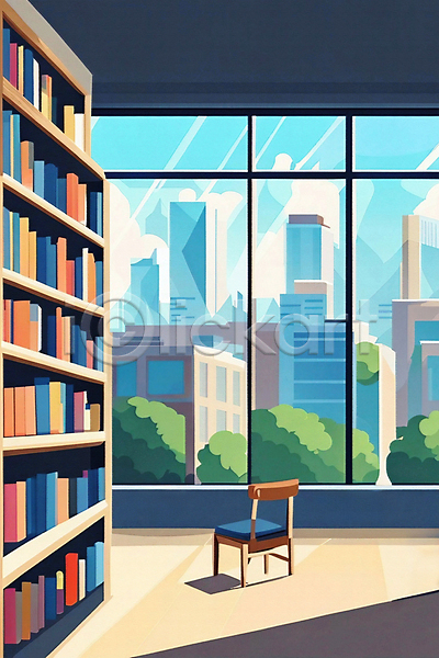 사람없음 JPG 일러스트 건물 공간 나무 도서관 도시 빌딩 실내 의자 창문 창밖 책 책장 풍경(경치)