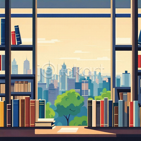 사람없음 JPG 일러스트 건물 공간 나무 도서관 도시 빌딩 실내 일몰 종이 창문 창밖 책 책상 책장 풍경(경치) 하늘