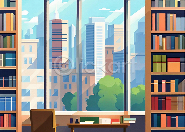 사람없음 JPG 일러스트 건물 공간 나무 도서관 도시 빌딩 실내 의자 창문 창밖 책 책상 책장 풍경(경치)