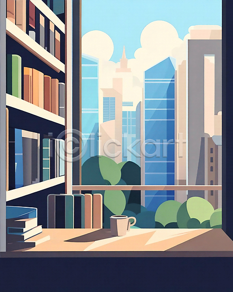 사람없음 JPG 일러스트 건물 공간 구름(자연) 나무 도서관 도시 빌딩 실내 창문 창밖 책 책상 책장 커피 커피잔 풍경(경치)