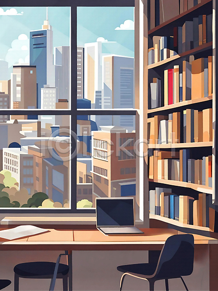 사람없음 JPG 일러스트 건물 공간 구름(자연) 노트북 도서관 도시 빌딩 실내 의자 종이 창문 창밖 책 책상 책장 풍경(경치)