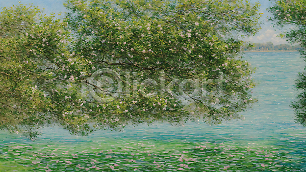 사람없음 JPG 디지털합성 편집이미지 그림 꽃 나무 물가(풍경) 백그라운드 유화 자연 질감 초록색 표현 풍경(경치) 호수