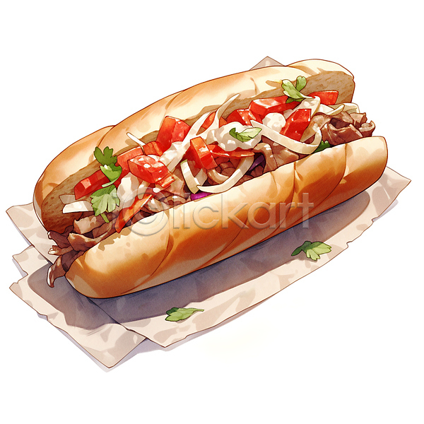 사람없음 JPG 일러스트 냅킨 빵 샌드위치 육류 채소 토마토
