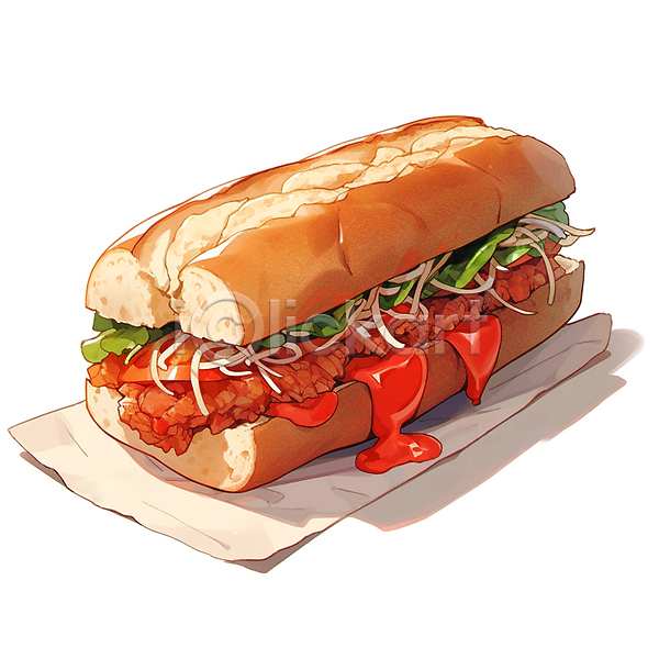 흐름 사람없음 JPG 일러스트 냅킨 빵 샌드위치 소스(음식) 육류 채소